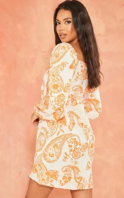 Paisley Print Tie Front Bardot Shift Dress-PrettyLittleThing Online