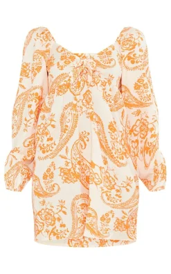 Paisley Print Tie Front Bardot Shift Dress-PrettyLittleThing Online