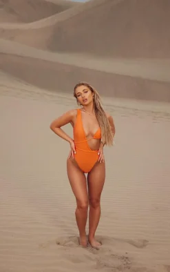 Orange Plait Detail Asymmetric Swimsuit