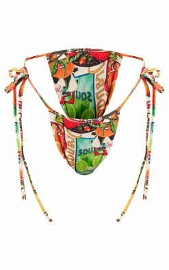 Orange Postcard Print Tie Side Bikini Bottoms