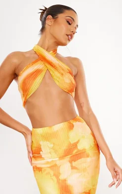 Clearance PrettyLittleThing Print Plisse Cross Over Halterneck Top Orange