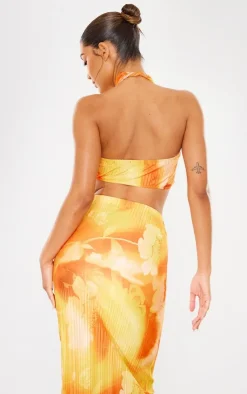 Clearance PrettyLittleThing Print Plisse Cross Over Halterneck Top Orange