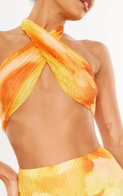 Clearance PrettyLittleThing Print Plisse Cross Over Halterneck Top Orange