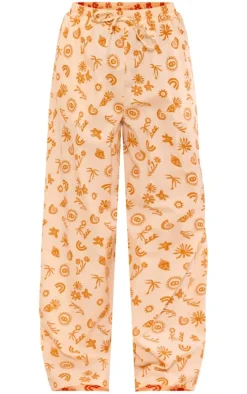 Orange Printed Drawstring Waist Straight Leg Pants