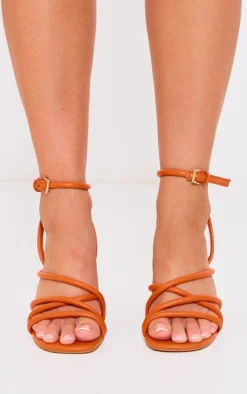 PrettyLittleThing Heeled Sandals*Orange PU Round Toe Multi Strap Block Heeled Sandals