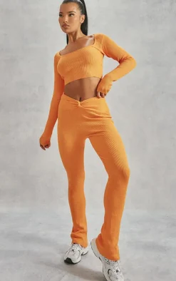 Online PrettyLittleThing Rib Knit Dipped Waist Pants Orange
