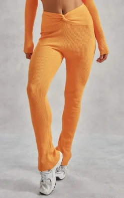 Online PrettyLittleThing Rib Knit Dipped Waist Pants Orange