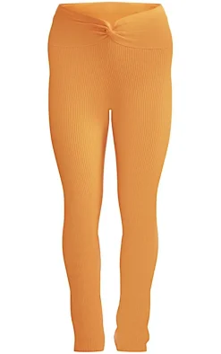 Online PrettyLittleThing Rib Knit Dipped Waist Pants Orange