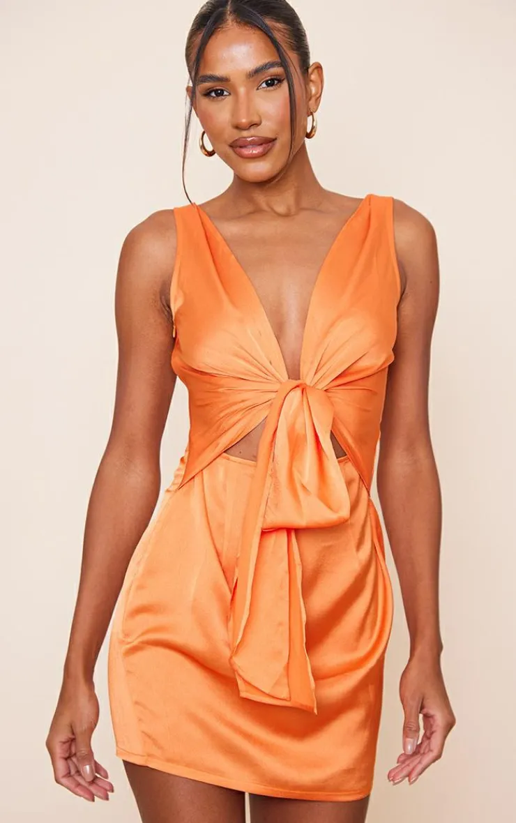 Satin Extreme Plunge Tie Waist Drape Bodycon Dress-PrettyLittleThing New