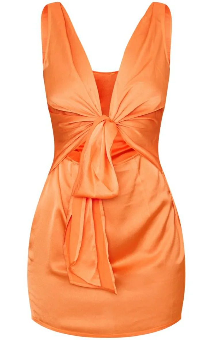 Satin Extreme Plunge Tie Waist Drape Bodycon Dress-PrettyLittleThing New