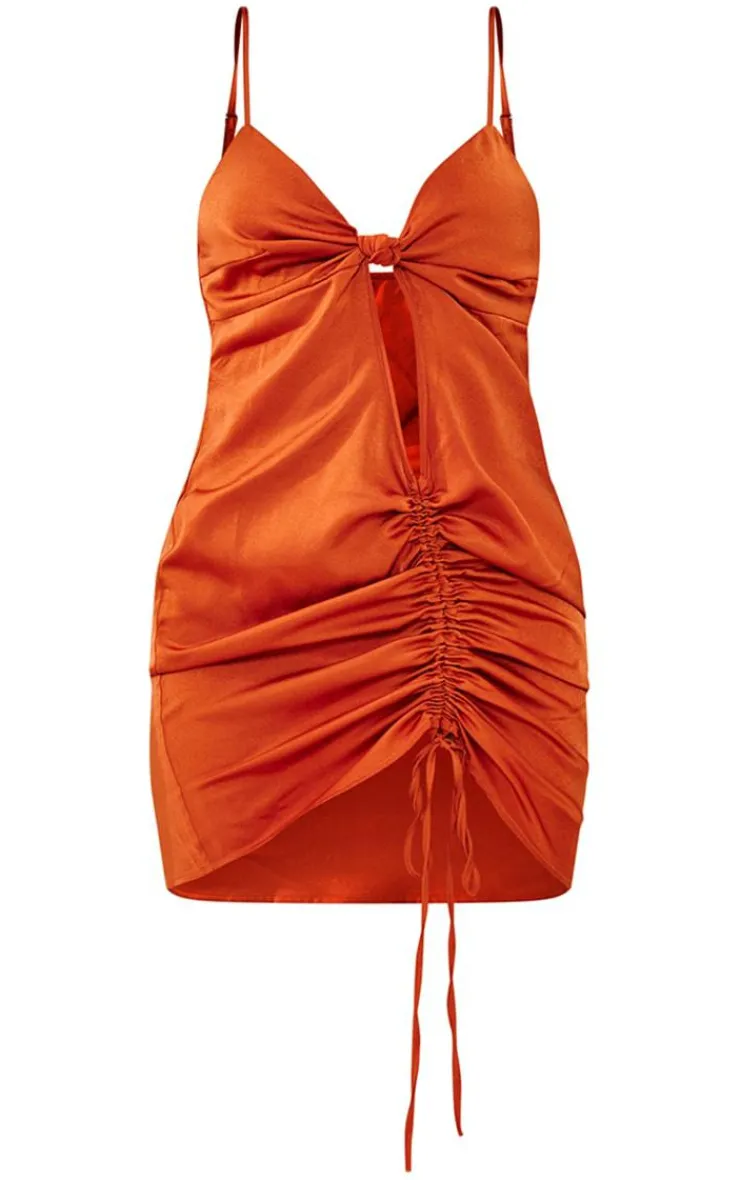 Satin Knot Bust Detail Cut Out Ruched Bodycon Dress-PrettyLittleThing