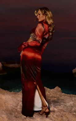 Online PrettyLittleThing Satin Palm Printed Maxi Skirt Orange