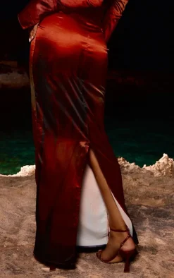 Online PrettyLittleThing Satin Palm Printed Maxi Skirt Orange