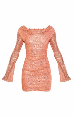Sequin Cowl Neck Long Sleeve Mini Dress-PrettyLittleThing Hot