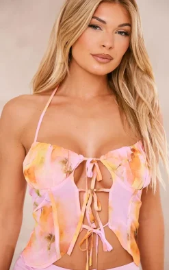 PrettyLittleThing Blouses*Sheer Floral Tie Front Top
