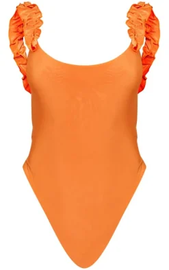 Orange Slinky Ruffle Strap Bodysuit