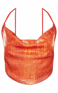 Discount PrettyLittleThing Snake Print Sequin Cowl Neck Top Orange