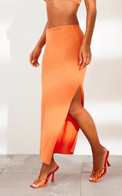 Hot PrettyLittleThing Soft Knitted Split Midaxi Skirt Orange