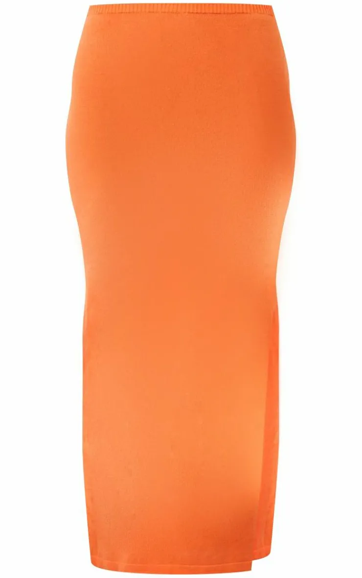 Hot PrettyLittleThing Soft Knitted Split Midaxi Skirt Orange