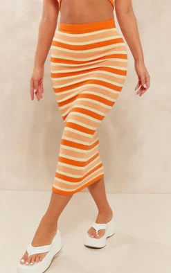Clearance PrettyLittleThing Orange Stripe Knit Midaxi Skirt Rust