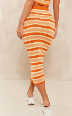 Clearance PrettyLittleThing Orange Stripe Knit Midaxi Skirt Rust