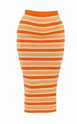 Clearance PrettyLittleThing Orange Stripe Knit Midaxi Skirt Rust
