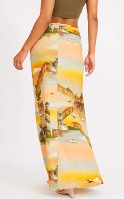 Orange Sunset Printed Linen Look Maxi Skirt
