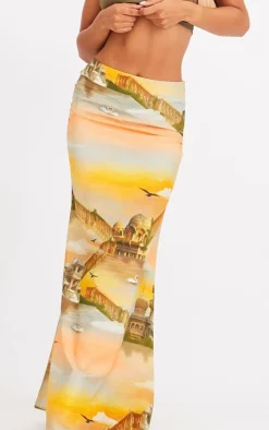 Orange Sunset Printed Linen Look Maxi Skirt