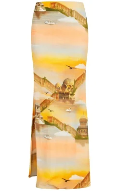 Orange Sunset Printed Linen Look Maxi Skirt