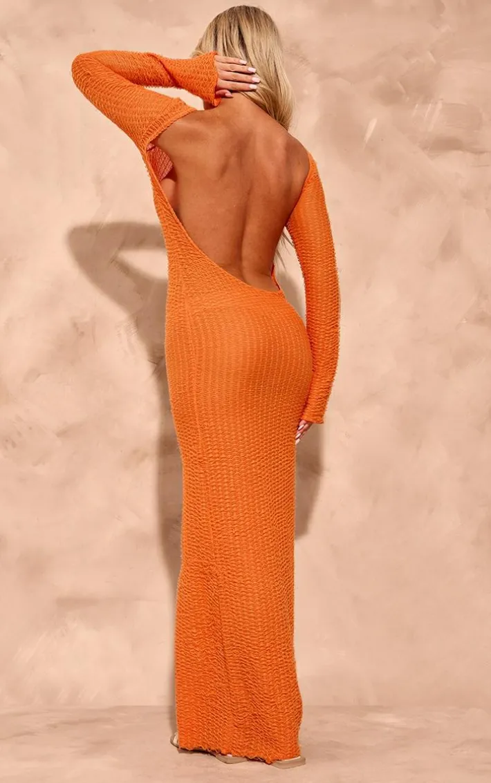 Orange Textured Crochet Backless Maxi Beach Dress