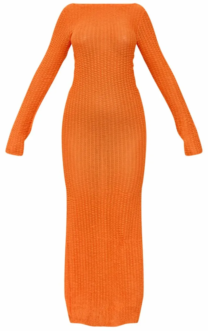 Orange Textured Crochet Backless Maxi Beach Dress