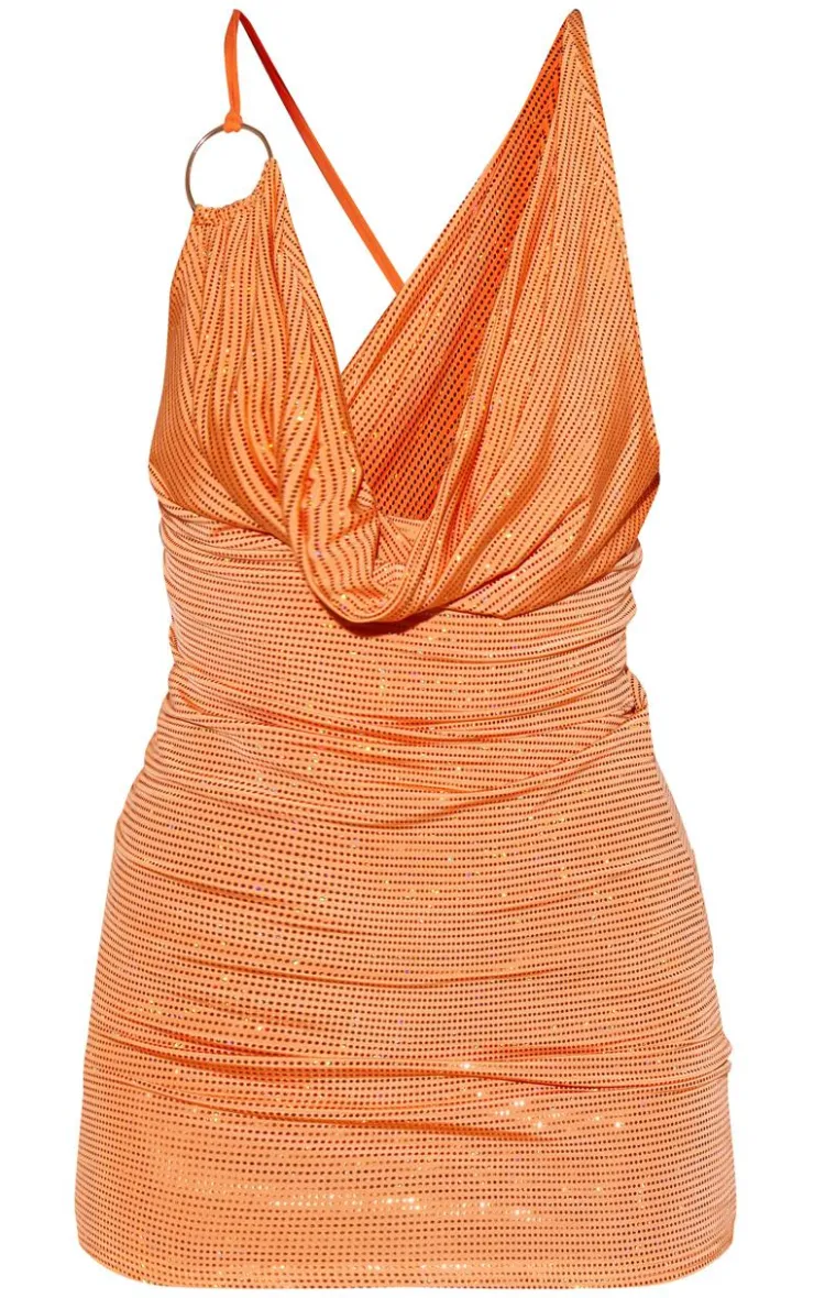 Textured Glitter Ring Detail Cowl Neck Bodycon Dress-PrettyLittleThing