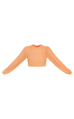 Online PrettyLittleThing Textured Sheer Knit Floaty Long Sleeve Crop Top Orange