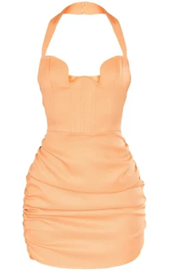 Textured Woven Extreme V Bar Halter Bodycon Dress-PrettyLittleThing Sale