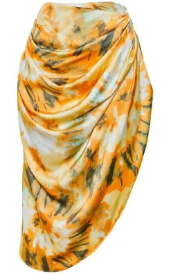 Clearance PrettyLittleThing Tie Dye Ruched Side Midi Skirt Orange