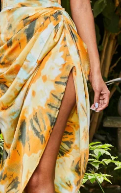Clearance PrettyLittleThing Tie Dye Ruched Side Midi Skirt Orange