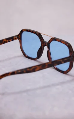 PrettyLittleThing Colored Sunglasses*Tort Blue Lens Frame Metal Bar Aviator Sunglasses