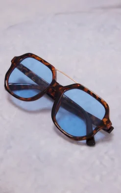PrettyLittleThing Colored Sunglasses*Tort Blue Lens Frame Metal Bar Aviator Sunglasses