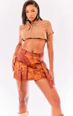 Orange Washed Faux Leather Pocket Cargo Mini Skirt