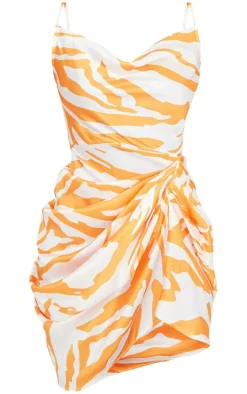 Zebra Print Cowl Neck Satin Draped Bodycon Dress-PrettyLittleThing Clearance