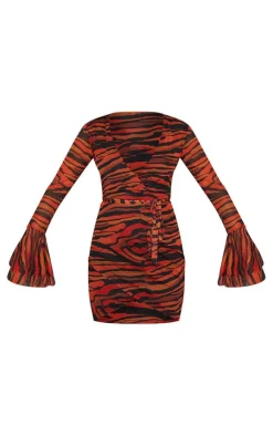 Zebra Print Mesh Flared Sleeve Tie Waist Bodycon Dress-PrettyLittleThing Outlet