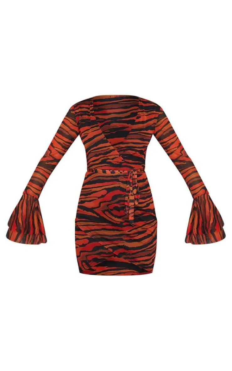 Zebra Print Mesh Flared Sleeve Tie Waist Bodycon Dress-PrettyLittleThing Outlet