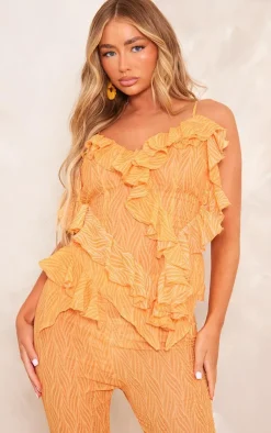 Best PrettyLittleThing Zebra Print Textured Chiffon Ruffle Hem Strappy Top Orange