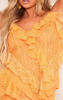 Best PrettyLittleThing Zebra Print Textured Chiffon Ruffle Hem Strappy Top Orange