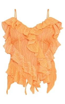 Best PrettyLittleThing Zebra Print Textured Chiffon Ruffle Hem Strappy Top Orange