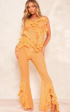 Clearance PrettyLittleThing Zebra Print Textured Chiffon Ruffle Hem Pants Orange