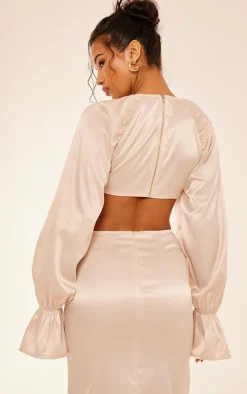 PrettyLittleThing Satin Underwired Puff Sleeve Crop Top Oyster