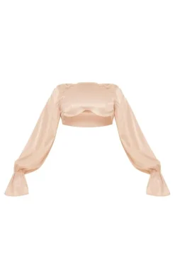 PrettyLittleThing Satin Underwired Puff Sleeve Crop Top Oyster