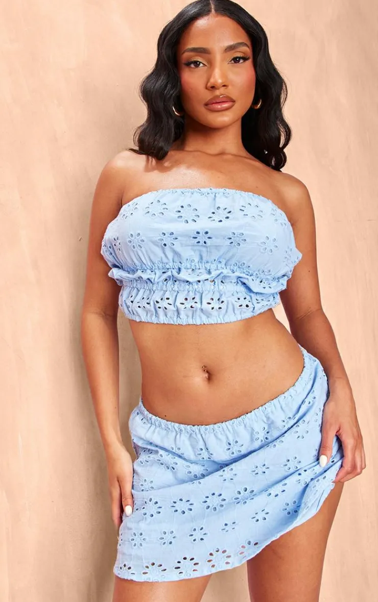 Discount PrettyLittleThing Broderie Ruched Bandeau Top Pale Blue
