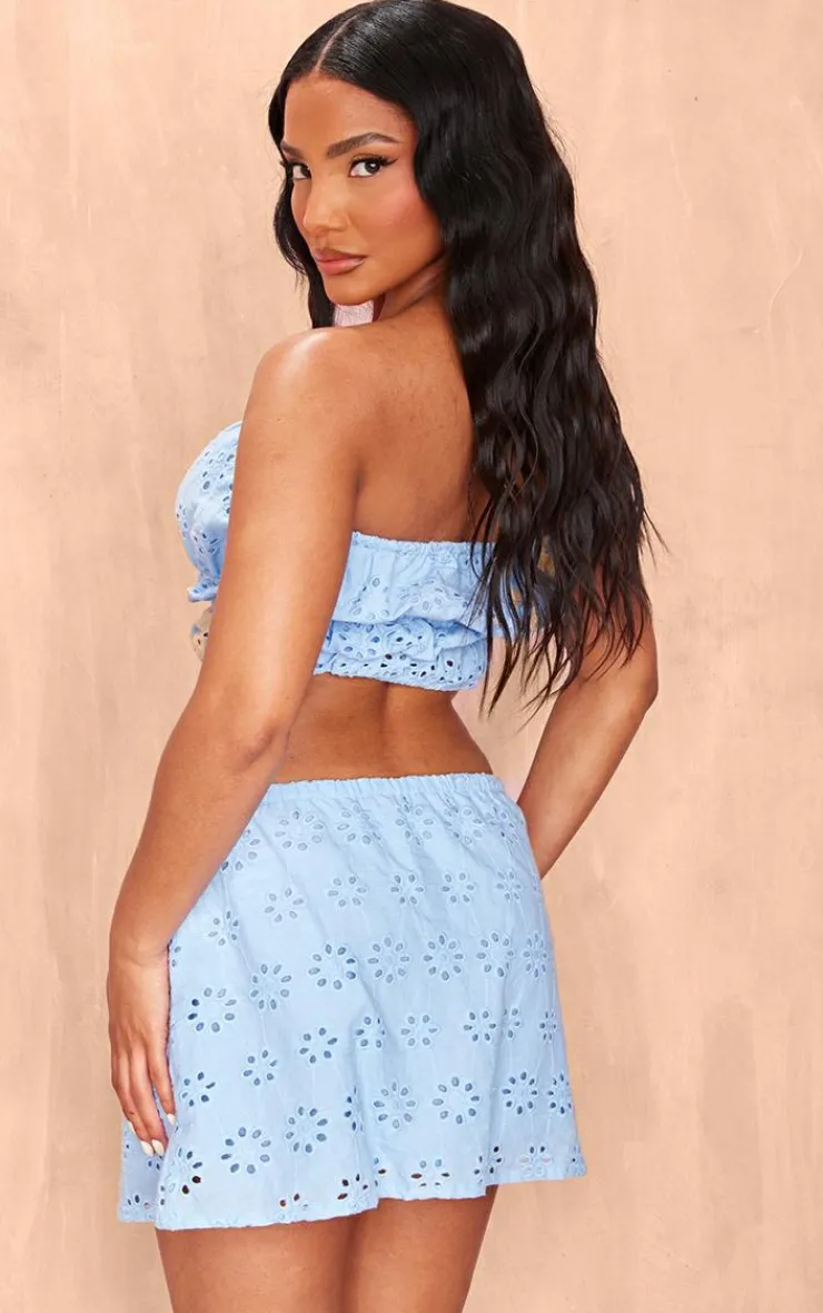 Discount PrettyLittleThing Broderie Ruched Bandeau Top Pale Blue